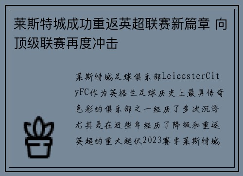 莱斯特城成功重返英超联赛新篇章 向顶级联赛再度冲击