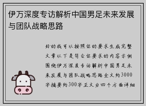 伊万深度专访解析中国男足未来发展与团队战略思路