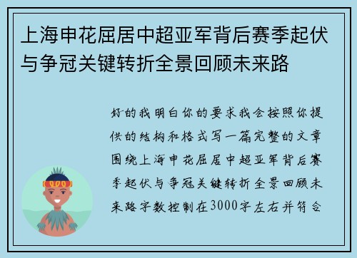 上海申花屈居中超亚军背后赛季起伏与争冠关键转折全景回顾未来路 上海申花屈居中超亚军背后赛季起伏与争冠关键转折全景回顾未来路